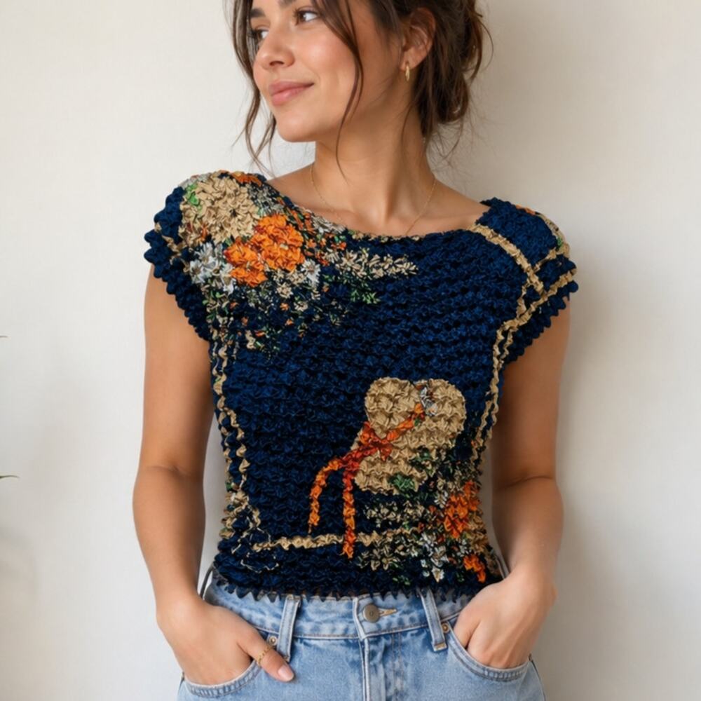 Vintage Popcorn Pucker Top Women's Size OS Fits Most Navy Casual Boho Maximalist